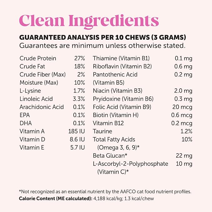 Cat Multivitamin Chews - Cat Treats for Health + Immune, Joint Support, Skin & Coat, and Digestion - Omega 3s, Lysine & Probiotics for Cats, Vitamins for Cats - Chicken (90-Day Supply)