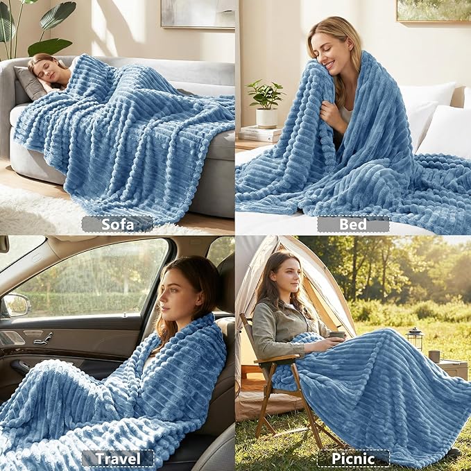 HIMEET Fleece Grayish Blue Throw Blanket for Bed - 300GSM Ribbed Soft Cozy Blanket for Couch, Graduation Birthday Gifts for Women Men, College Dorm Essentials Minimalist Room Throws, 50x60 Inches