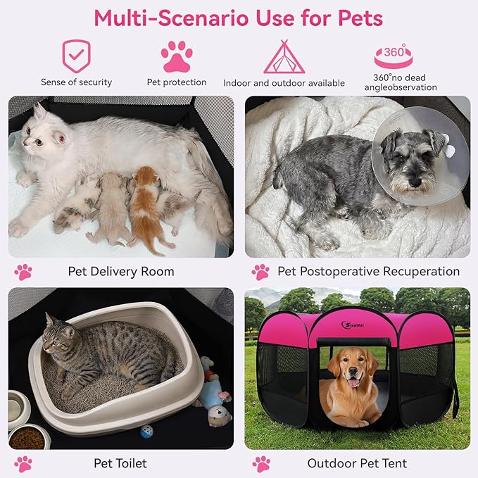 Siedihit Dog Cat Playpen, Large Puppy Pet Playpen, Dog Crate Tent Cage Indoor/Outdoor, Portable Pop Up Dogs Kennel Playpen with Carrying Case for Dogs/Cats/Rabbits, Hot Pink