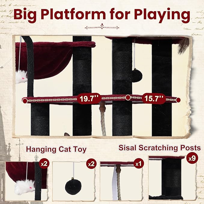 Gitelsnour Gothic Cat Tree, Cat Tower for Large Cats with 2 Big Platforms, 2 Baskets, condo and Toys, 63" Cat Scratching Posts for Indoor Cats, Black and red GCT020BR