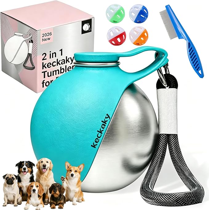 2 in 1 Portable Dog Water Bottle, 2026 New 10oz Spherical Stainless Steel Pet Bottle with Silicone Foldable Bowl, No-Spill Leak-Proof Design, Dog Water Bottle for Walking, Hiking, Travel (Blue)