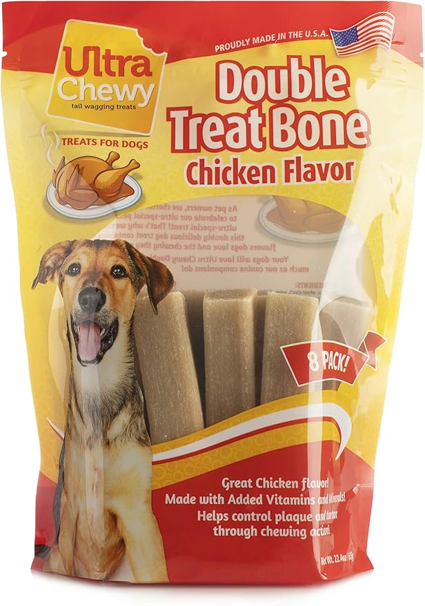 Ultra Chewy Double Treat Bones: Long-Lasting Dog Treats Made in USA for Large and Small Breeds, Highly Digestible, Ideal for Aggressive Chewers (Chicken, 2 Value Packs)