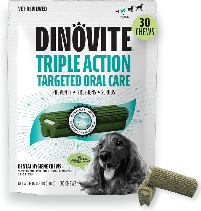 Dinovite Dental Chews for Dogs, Triple Action Dental Dog Treats for Small Breeds, Clinically Proven to Prevent Plaque & Tartar While Freshening Breath, Fresh Mint Flavor, Made in USA, 30 Count
