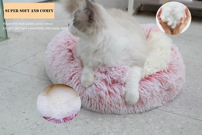 ZaneSun Calming Dog Bed & Cat Cave with Hooded Cover, Plush Fluffy Anti-Anxiety Cat Bed, Waterproof Bottom Washable (Pink, 25.6X25.6inch)