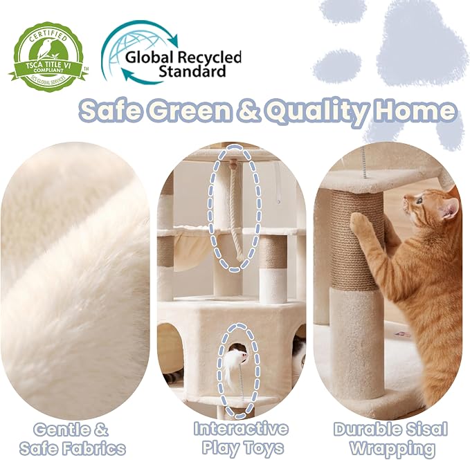 Cat Tree, 81.1-Inch Tall Heavy Duty Cat Tower with Diamond-Shaped Condo for Large Cats, Cat Furniture with 3 Wide Platforms, 2 Sisal Scratchers, Hammock & Stable Base, Beige VCT032MJ
