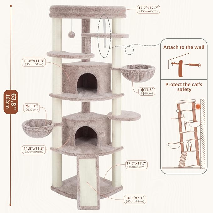Gitelsnour Corner Cat Tree for Indoor Cats, Cat Tower with All Sisal Scratching Posts, Multi-Level Cat Condo wth 2 Large Cat Caves, Big Top Perch, 2 Hanging Baskets, Sisal Ramp, Mushroom GCT035MU