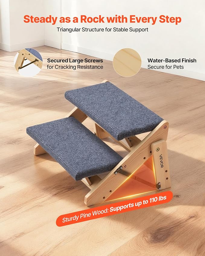 VEVOR Wood Pet Stairs, 2-Step Dog Stairs for Beds, Sofa & Cars, 110lbs Load Capacity, Floded Flat Design, Stable & Sturdy Cat & Dog Step Ladder for Small Medium Large Older Pet Puppy Essentials