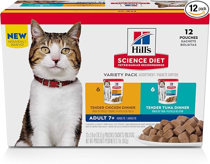 Hill's Science Diet Adult 7+ Wet Cat Food Variety Pack, Chicken & Tuna, 2.8 oz. Pouches, 12-Pack