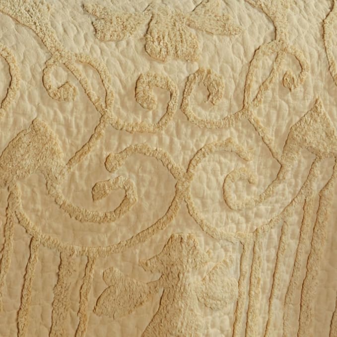 Lorenza Pure Cotton Chenille Bedding | Warm Buttercup Yellow | Soft Tufted Scrollwork and Floral Designs | Solid Color 3-Piece Quilted Bed Set includes Oversized Queen Quilt & 2 Standard Pillow Shams