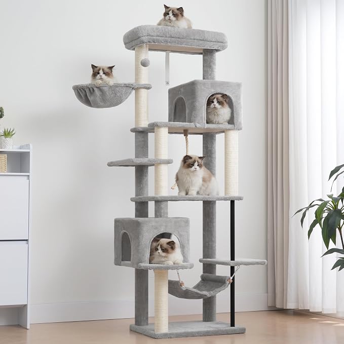 Gitelsnour Cat Tree for Indoor Cats Large Adult, 70.5'' Cat Tower with Scratching Post, Sturdy Steel Pube Cat Tree Tower with Large Playing Platfrom, Hammock and Basket, Top Perch, Light Gray GCT024W