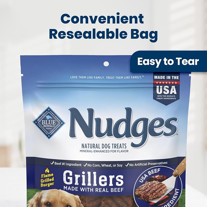Blue Buffalo Nudges Beef Grillers Natural Dog Treats, Tender & Meaty Dog Snacks, Easy-To-Tear for Training, Made in the USA with Real Beef, No Artificial Preservatives, 16 oz.