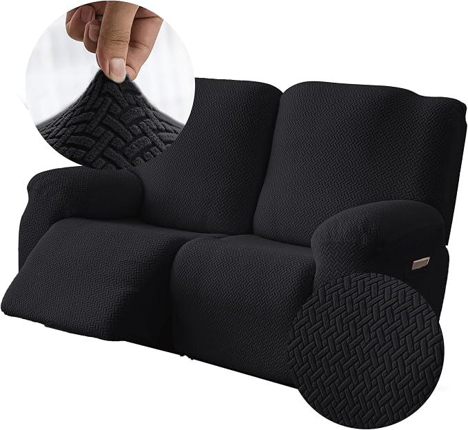 Genina Recliner Loveseat Covers, Stretch Reclining Sofa Covers, 2 Seater Couch Cushion Stripe Jacquard Recliner Slipcovers - Furniture Protector Covers for Pet Kid (Black)