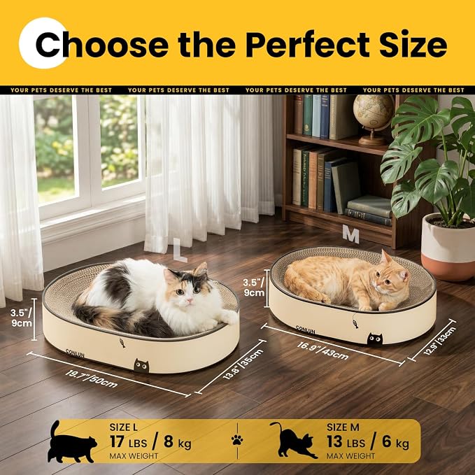 Conlun Oval Cat Scratcher Bed, 2-in-1 Cat Scratching Board, Natural Corrugated Cardboard Scratch Pad Lounge, Sealed Base Traps Debris,No Assembly Kitty Furniture,Stylish Colors Blends Any Home Decor