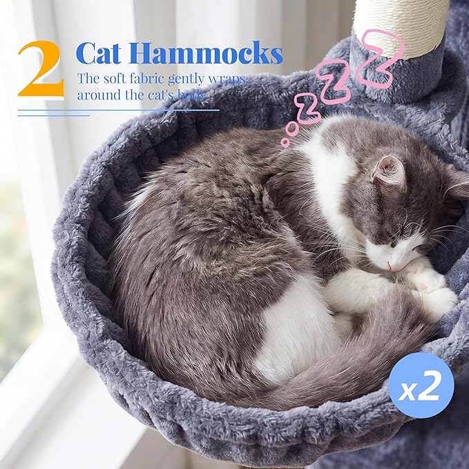 Hey-brother Cat Tree, 74 inches Multi-Level XL Large Cat Tower for Indoor Cats with Three Cat Condos, Two Large Top Decks and Cat Hairbrushfor Kittens, Cats and Pets, Smoky Gray MPJ035-MG