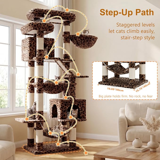 Heybly Cat Tree, 71-Inch-Tall Tower for Indoor Cats with 2 Perches, 2 Big Condos, 2 Hammocks, Basket, Scratching Pad, Large Cat Furniture and Condo, Leopard Print HCT034BW