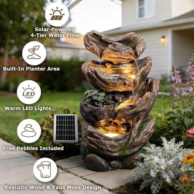 4-Tier Solar Water Fountain Outdoor Cascading Realistic Tree Trunk Waterfall Outdoor Fountains for Garden, Patio, Backyard, Deck, Porch, 25.2" H x 14.56" L x 10.24" W