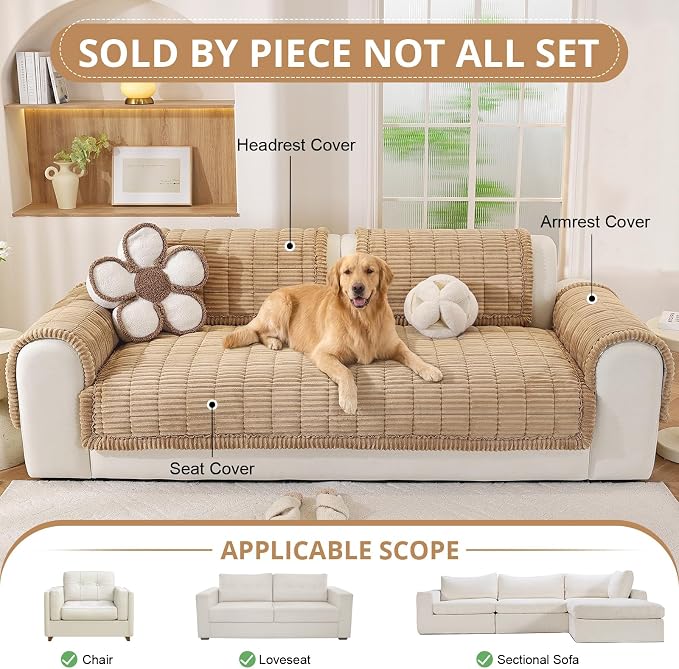OstepDecor Couch Cover for Dogs, Washable Non Slip Sofa Cover for Pets, Soft Couch Covers for Sofa, Loveseat and Sectional, Furniture Protector Against Pet Hair & Scratches (35.4" x 70.9", Khaki)