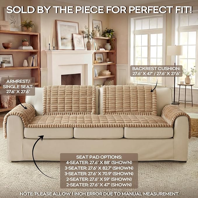 decorUhome Non-Slip Fuzzy Couch Cover for Dogs, Soft Thick Washable Pet-Friendly Protector, Sofa Slipcover for 3 Cushion Couch Sofa, Khaki, 27.6" x 70.9"