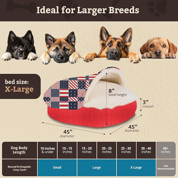 Snoozer Cozy Cave Dog Bed - Indoor Dog Bed with Cover Cave, Covered Calming Burrow for Medium & Large Sized Pets with Blanket Attached, Enclosed, Removable Washable Cover - XL, Starpatch Red Diamond