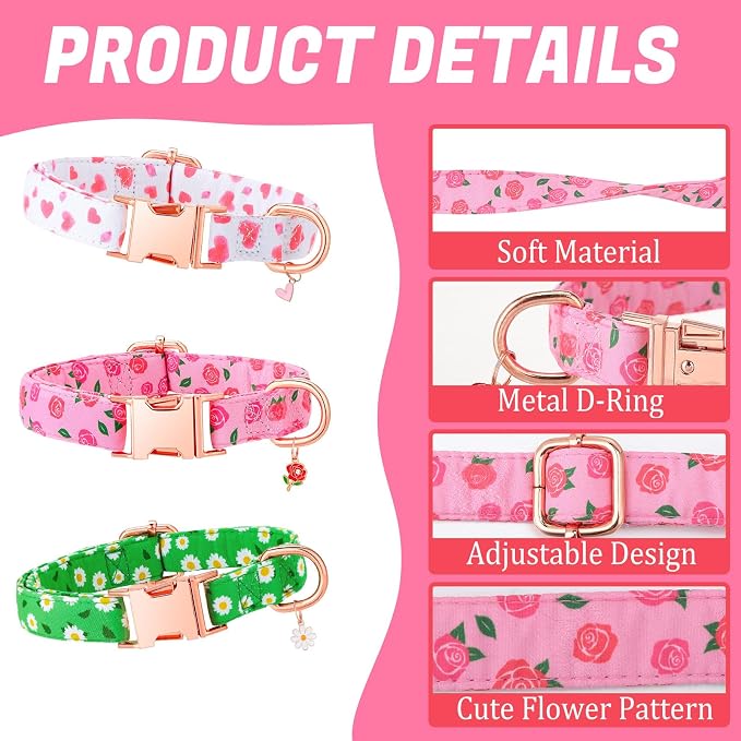 3 Pack Floral Dog Collars for Large Dogs Pink Dog Collar with Flower Pendant for Girl Female Dogs Adjustable Puppy Collars Pet Collar (13.7-21 inch)