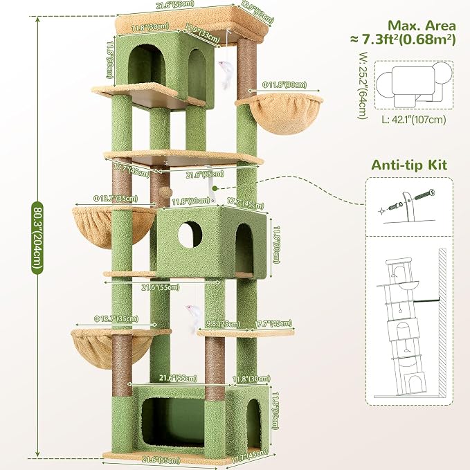 Globlazer Large Cat Tree, 80 inch Multi-Level Cactus Tall Climbing Tower Kitty Condos Cat Scratching Tower for Indoor Multiple Large Adult Cats Kittens with 3 Cat Caves, 3 Hanging Baskets, F80F, Green