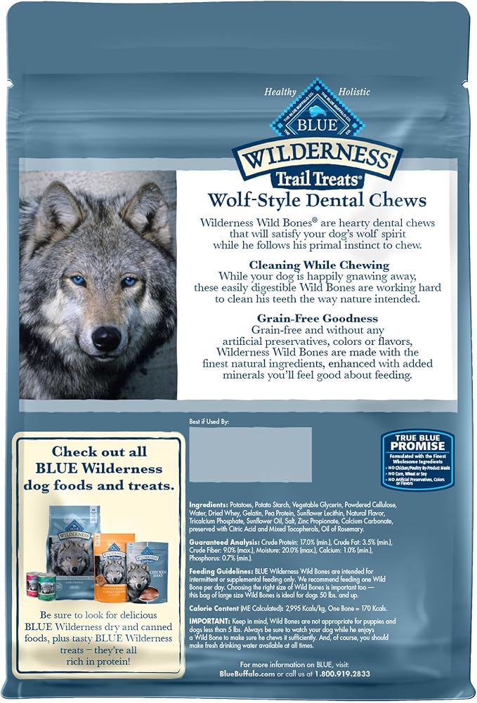 Blue Buffalo Wilderness Wild Bones Grain-Free Dental Chews Dog Treats, Large, 27-oz Bag, (Pack of 2)