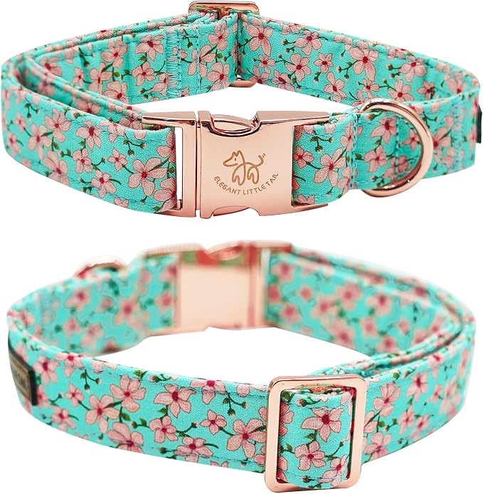 Elegant little tail Dog Collar, Spring Pet Collar with Bow Dog Durable Pink Flower Print Dog Collars Girl Pet Gift Adjustable Dog Collar for X-Large Dogs