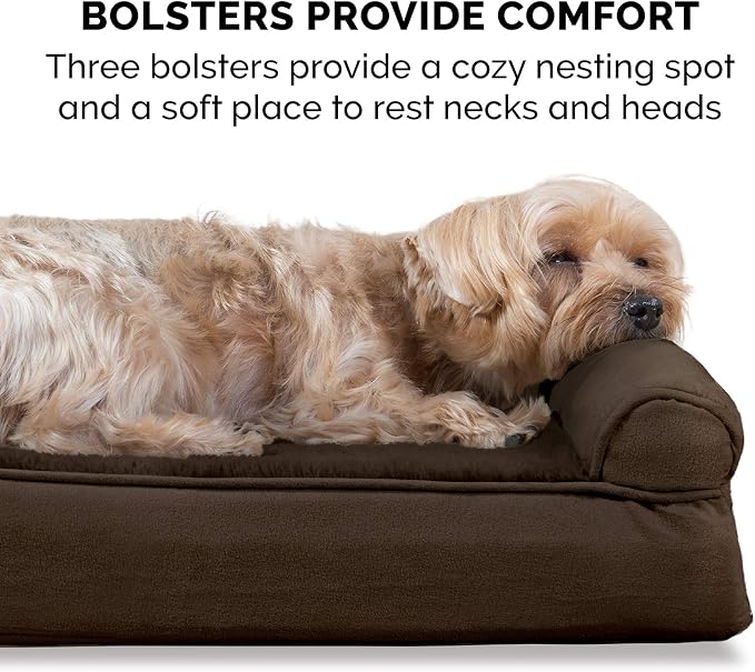 Furhaven Memory Foam Dog Bed for Large Dogs w/ Removable Bolsters & Washable Cover, For Dogs Up to 125 lbs - Plush & Suede Sofa - Espresso, Jumbo Plus/XXL