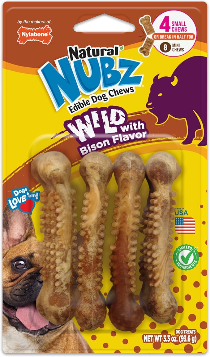 Nylabone Nubz Wild Natural Dog Chew Treats for Small Dogs, Long Lasting Dog Chew Bones Made in USA, Bison Flavor, Small Dog Bones for Dogs Up to 25 lbs. (4 Count)
