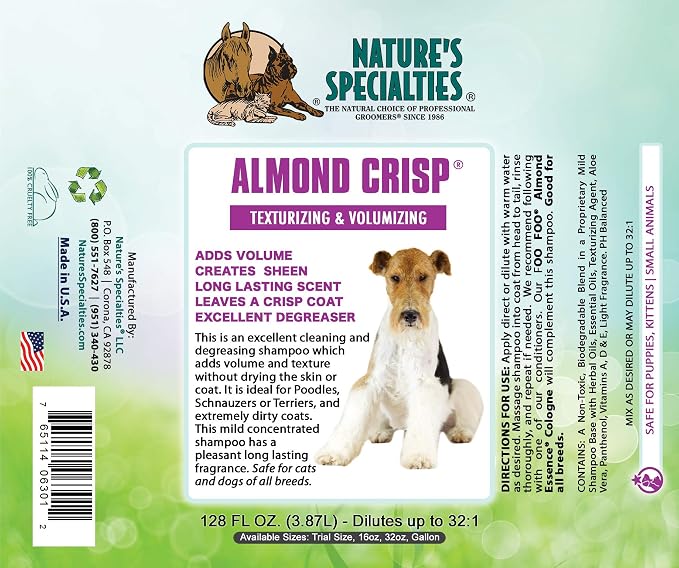 Nature's Specialties Almond Crisp Ultra Concentrated Dog Shampoo for Pets, Makes up to 8 Gallons, Natural Choice for Professional Groomers, Texturizing and Volumizing, Made in USA, 32 oz