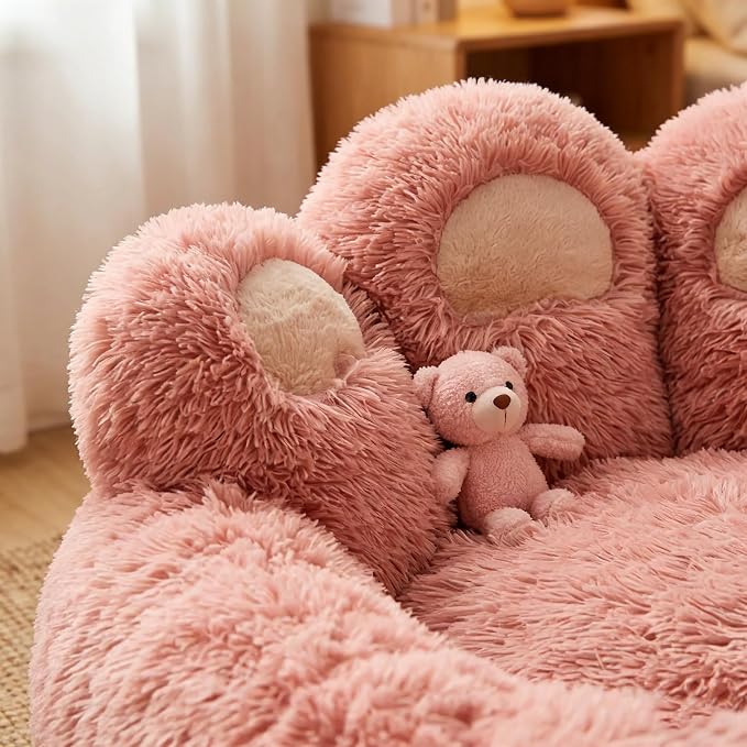 Cat Paw Shaped Cat Bed, Long Plush Calming Cat Bed for Indoor Cats, Washable Pet Bed with Anti-Slip Bottom, Soft Cozy Bed for Small Medium Large Cats & Dogs (Pink, Medium)