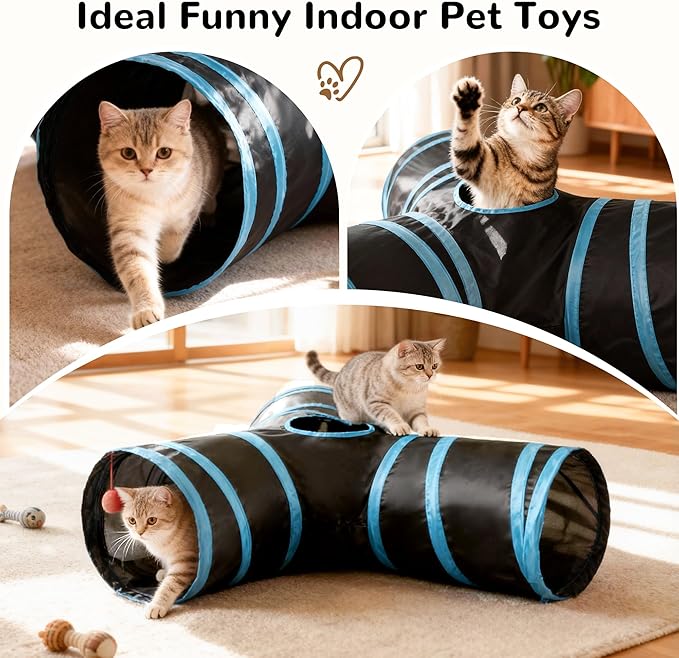 Tempcore Cat Tunnel for Indoor Cats, 3 Way Collapsible Pet Play Tunnel with Teaser Wand, Peek Holes & Hanging Ball, Interactive Tube for Kittens & Rabbits, Black & Blue Large Size