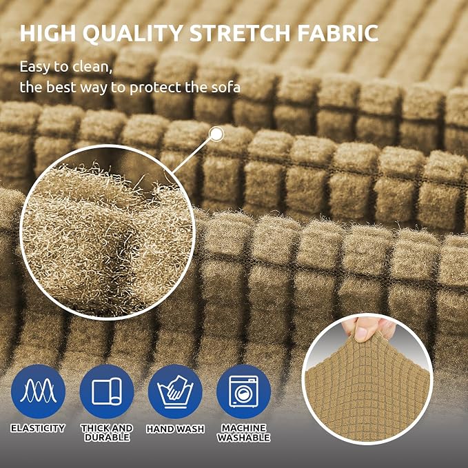 KEKUOU Stretch Loveseat Sofa Cover Slipcover,Couch Covers for 2 Cushion Couch Sofa (55"-78") Furniture Protector Sofa with Elastic Bottom for Kids,Dog. Jacquard Small Checked (Medium,Tan)