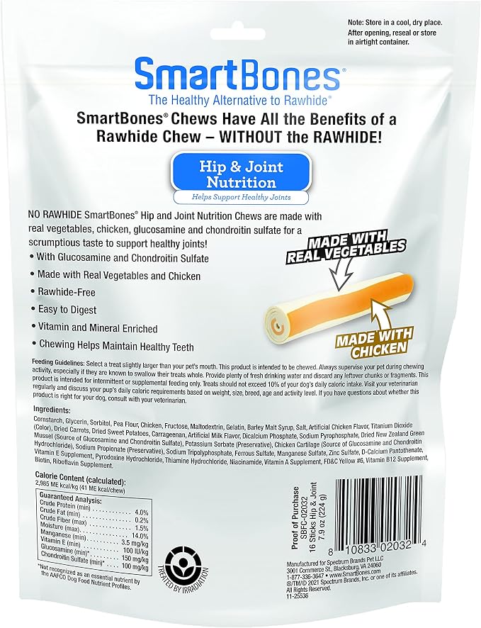 SmartBones Hip and Joint Care Sticks, Rawhide-Free Chews for Dogs, with Glucosamine and Chondroitin, 16 Count (Pack of 2)