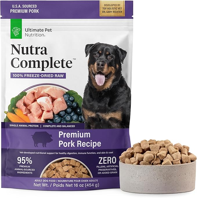 ULTIMATE PET NUTRITION Nutra Complete, 100% Freeze Dried Veterinarian Formulated Raw Dog Food with Antioxidants Prebiotics and Amino Acids, (1 Pound, Pork)