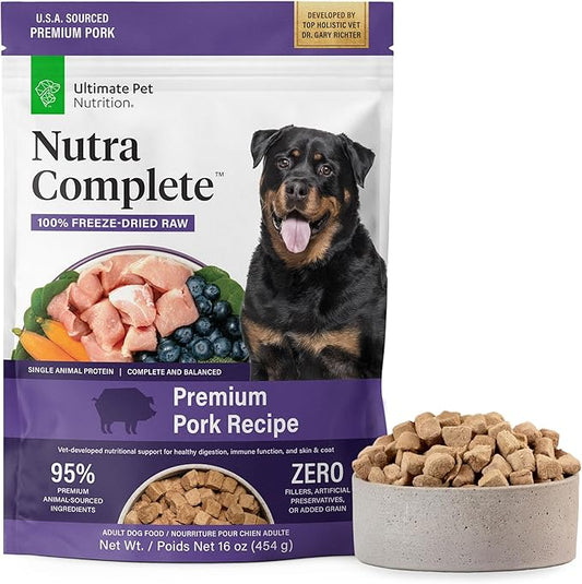 ULTIMATE PET NUTRITION Nutra Complete, 100% Freeze Dried Veterinarian Formulated Raw Dog Food with Antioxidants Prebiotics and Amino Acids, (1 Pound, Pork)