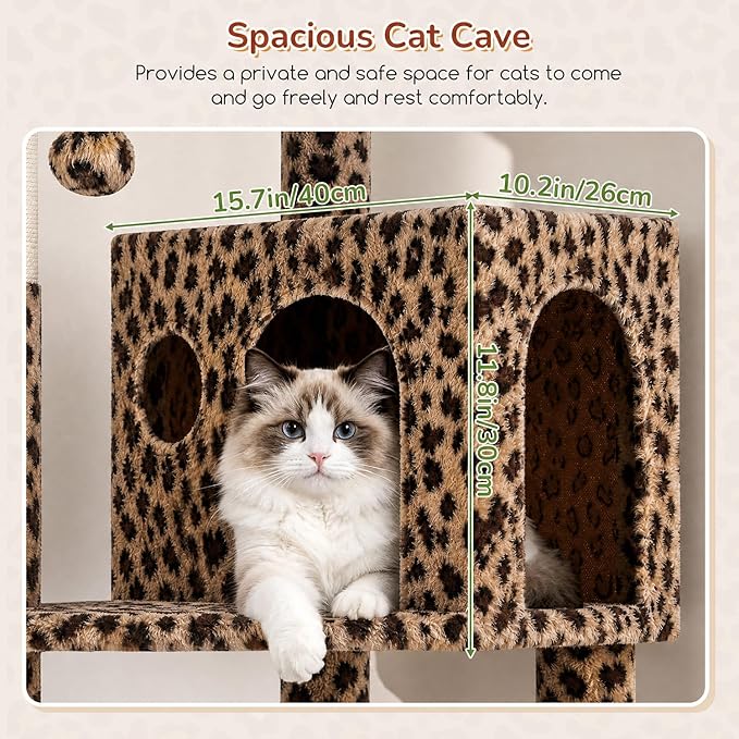 Globlazer Leopard Cat Tree Tower with Scratching Post for Indoor Cats, 53in Plush Multi-Level Cat Climbing Tower Condo House with Large Hammock, Spacious Cat Cave, Padded Top Perch, F53, Leopard Print