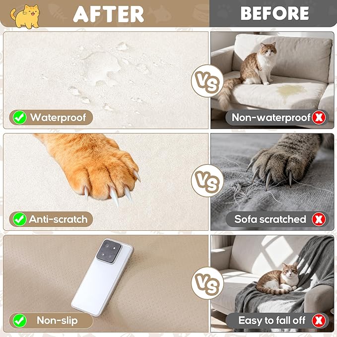 Loiion Velvet Sofa Cover, Ultra Soft Waterproof Non-Slip Couch Cover for Pets, Cat-Scratch Resistant Couch Cover, Pet & Kid Proof Scratch & Hair Resistant Washable Furniture Protector 118"X91" Beige