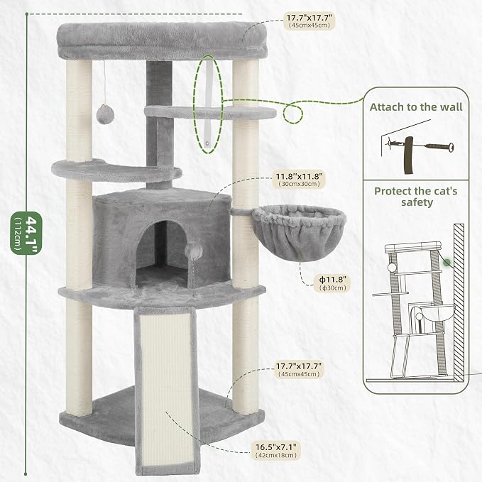 Gitelsnour Corner Cat Tree for Indoor Cats, Cat Tower with All Sisal Scratching Posts, Multi-Level Cat Condo wth Cat Cave, Large Top Perch, Hanging Basket, Sisal Ramp, Light Gray GCT025W