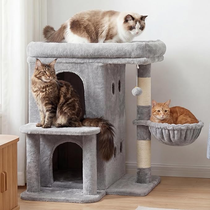 Heybly Cat Tree, 26.3-inch Cat Tower with Spacious Top Perch for Large Cats, Stair-Style Cat House Furniture with Dual-Layer Condos, Sisal Scratching Posts, Cozy Basket & Pompom, Light Gray HCT204SW