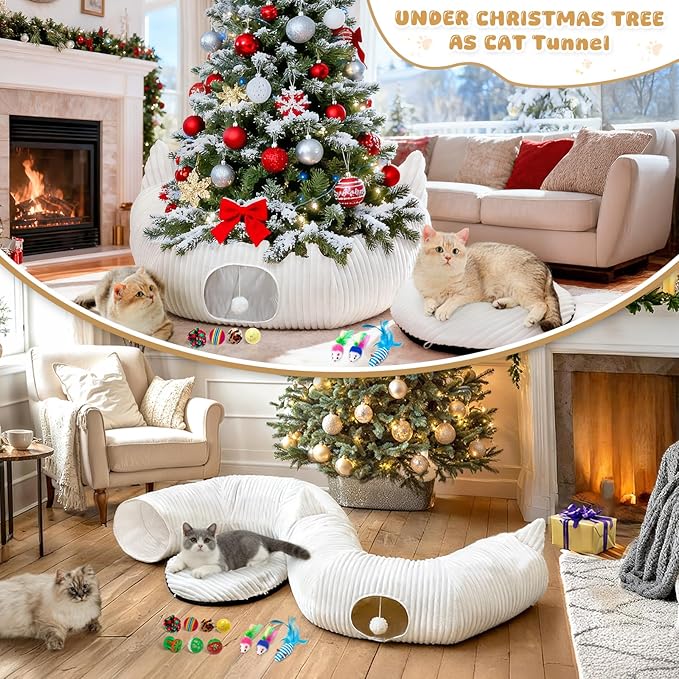 OurWarm Large Cat Tunnels for Indoor Cats– Plush Cat Donut Tunnel, White Cat Bed Tunnel for Under Christmas Tree, Multifunctional Playground Toys Hideplace for Kittens, Rabbit, Ferret (39.37in Dia)