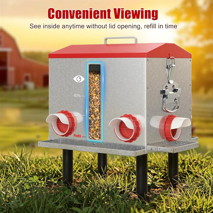 Pawaboo 55LBS Large Capacity Automatic Chicken Feeder - 2026 Upgraded No Waste Poultry Feeder, 7 Feeding Ports, Viewable Feed Level Window, Height-Adjustable Legs + Wobble-Free Stability