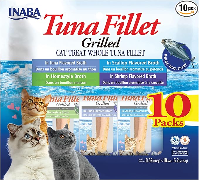 INABA Premium Hand-Cut Grilled Tuna Fillet Cat Treats/Topper with Vitamin E and Green Tea Extract, 0.52 Ounces Each, Pack of 10, Variety Pack