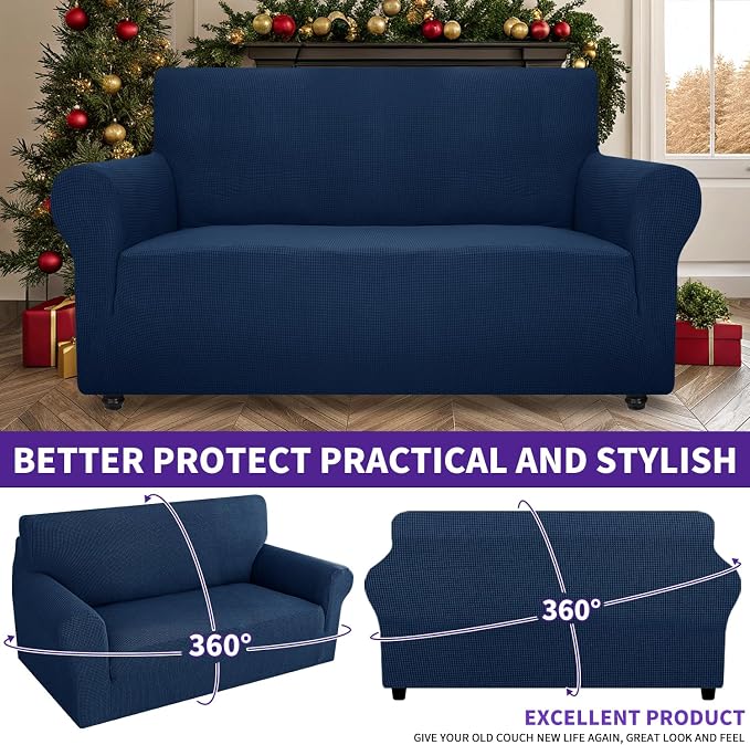 ZNSAYOTX Super Stretch Couch Cover Love Seat Sofa Covers for Living Room Dogs Pet Friendly Furniture Protector Spandex Loveseat Slipcovers with Anti Slip Foam Sticks (Navy Blue, Loveseat)