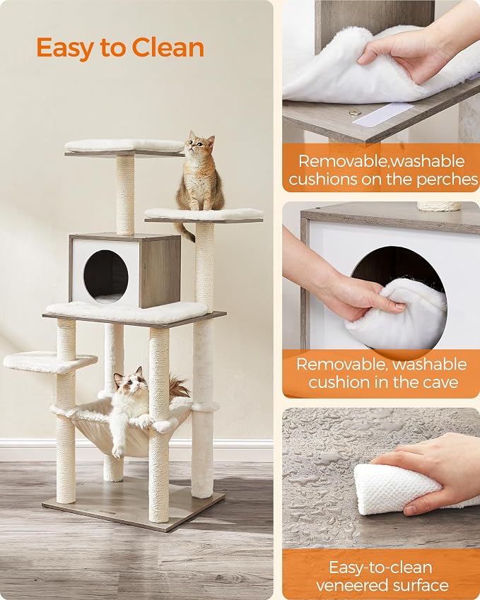 Feandrea Cat Tree, 56.3-Inch Modern Cat Tower, Multi-Level Plush Condo with Scratching Posts, Hammock, Washable Cushion, Heather Greige UPCT164G01