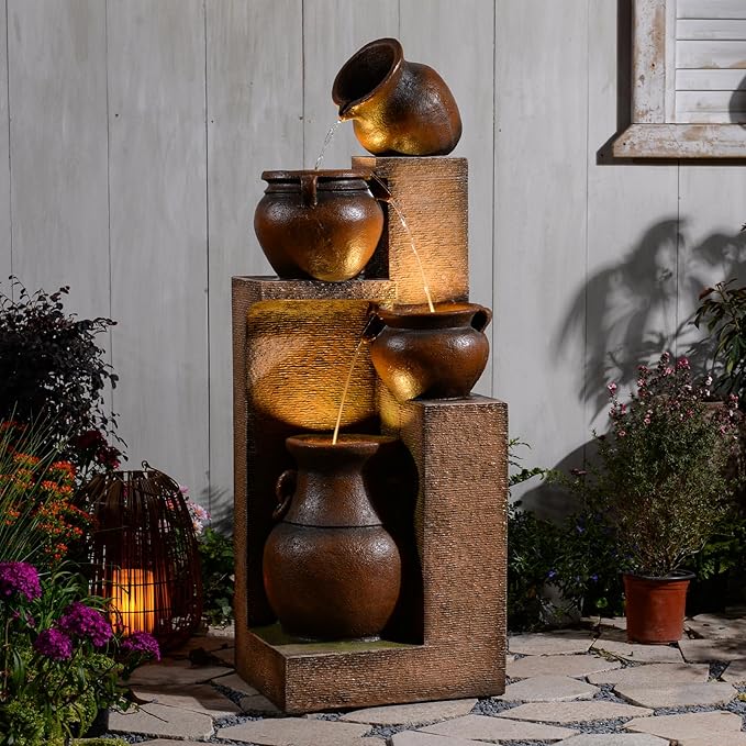 Resin Outdoor Water Fountain 4-Tier Jar Waterfall - Quiet Pump, LED Lights, Rustic Jar Cascading Water Feature for Garden Patio Backyard Decor, 53" H Fountain, Gold