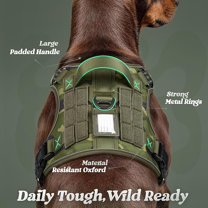 rabbitgoo Dog Harness for Large Dogs No Pull, Tactical Service Pet Vest with Molle and Control Handle, Adjustable and Reflective Military Harness for Easy Walking and Training, Green Camo, XL