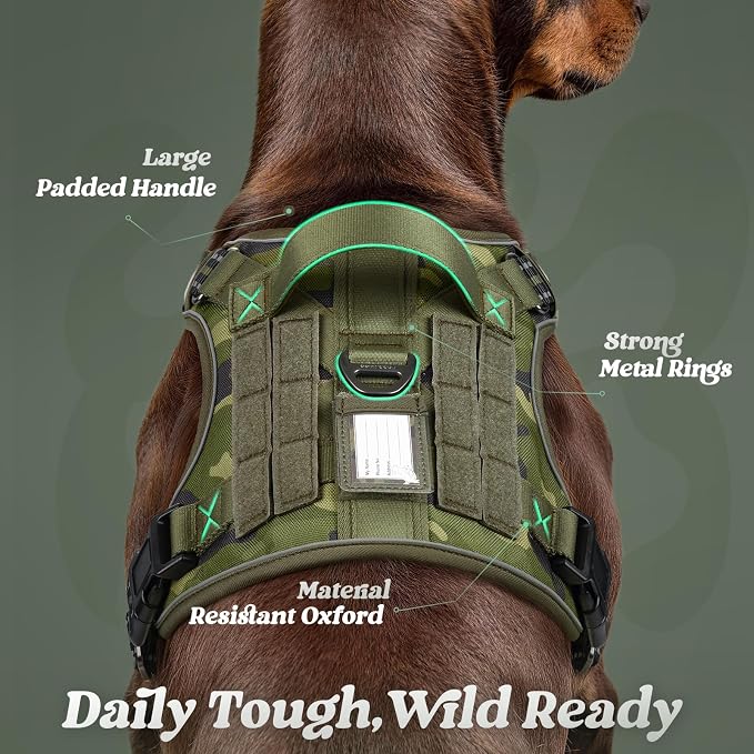 rabbitgoo Dog Harness Medium Sized No Pull, Tactical Service Pet Vest with Molle and Control Handle, Adjustable and Reflective Military Harness for Easy Walking and Training, Green Camo, M