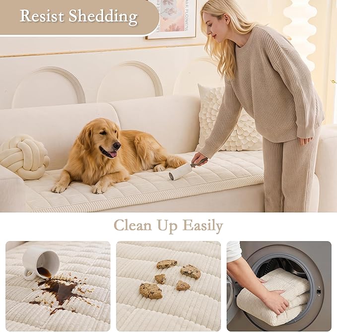 MEETSKY Couch Cover for 2 Cushion Couch Sofa, Non-Slip Couch Cover for Dog Washable Sofa Protector Pet Friendly Dog Mats for Couches Soft Furniture Covers, 27.6" x 70.9", Cream