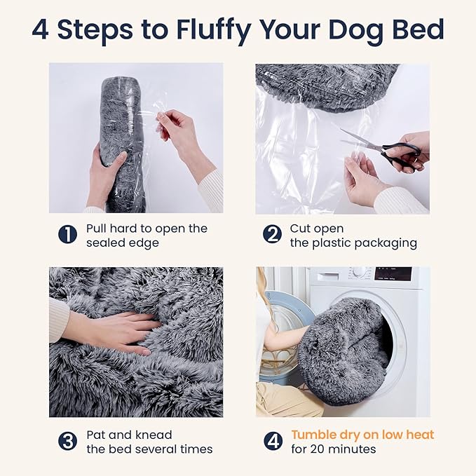 JOLLYVOGUE Calming Dog Beds Extra Large Sized Dog, 45in Donut Washable Large Pet Bed, Anti-Slip & Anti-Anxiety Fluffy Faux Fur Round Dogs Bed, Fits up to 125 lbs Pets (Smoke Black)